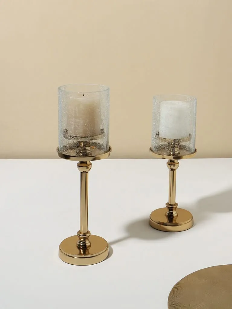 Westside Home Gold Tone Base Metal with Lily Crackled Glass Candle Holder Large