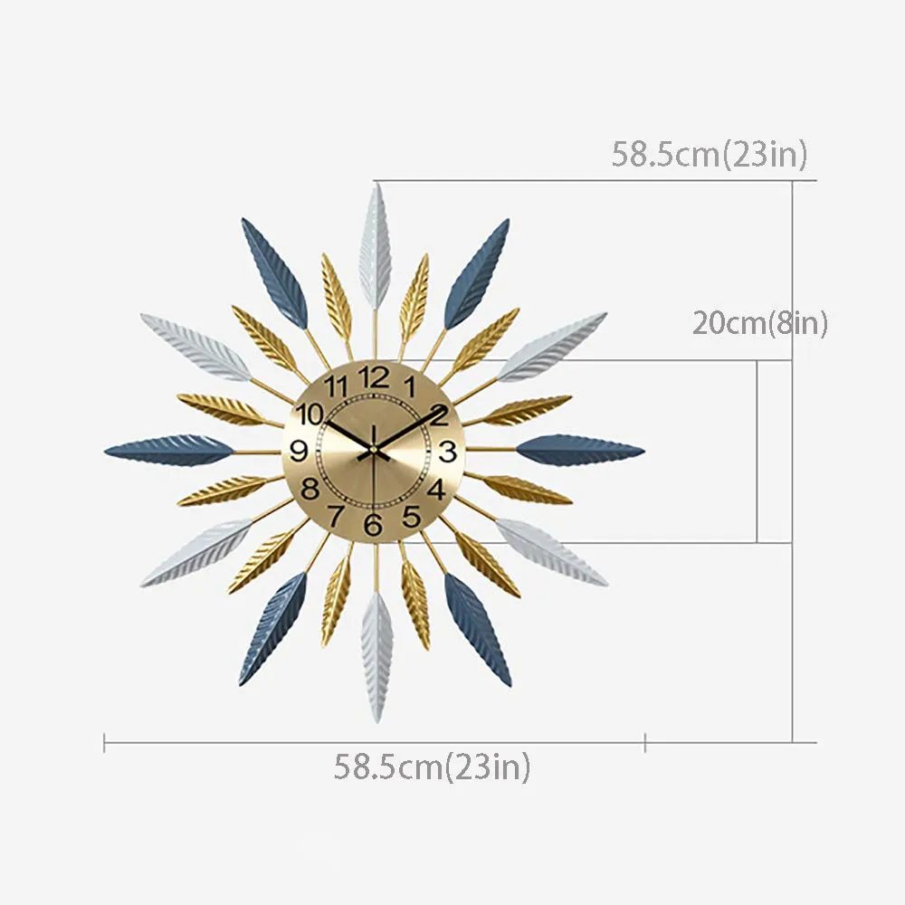 XINDONG Large Decorative Wall Clock, Leave Shape Clock Silent Wall Clock Non Ticking for Living Room Bedroom Office Decor, Modern Metal Wall Clock 23 Inch