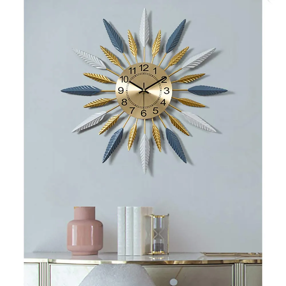 XINDONG Large Decorative Wall Clock, Leave Shape Clock Silent Wall Clock Non Ticking for Living Room Bedroom Office Decor, Modern Metal Wall Clock 23 Inch