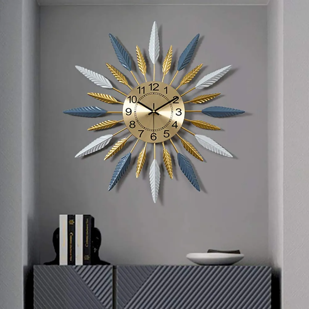 XINDONG Large Decorative Wall Clock, Leave Shape Clock Silent Wall Clock Non Ticking for Living Room Bedroom Office Decor, Modern Metal Wall Clock 23 Inch
